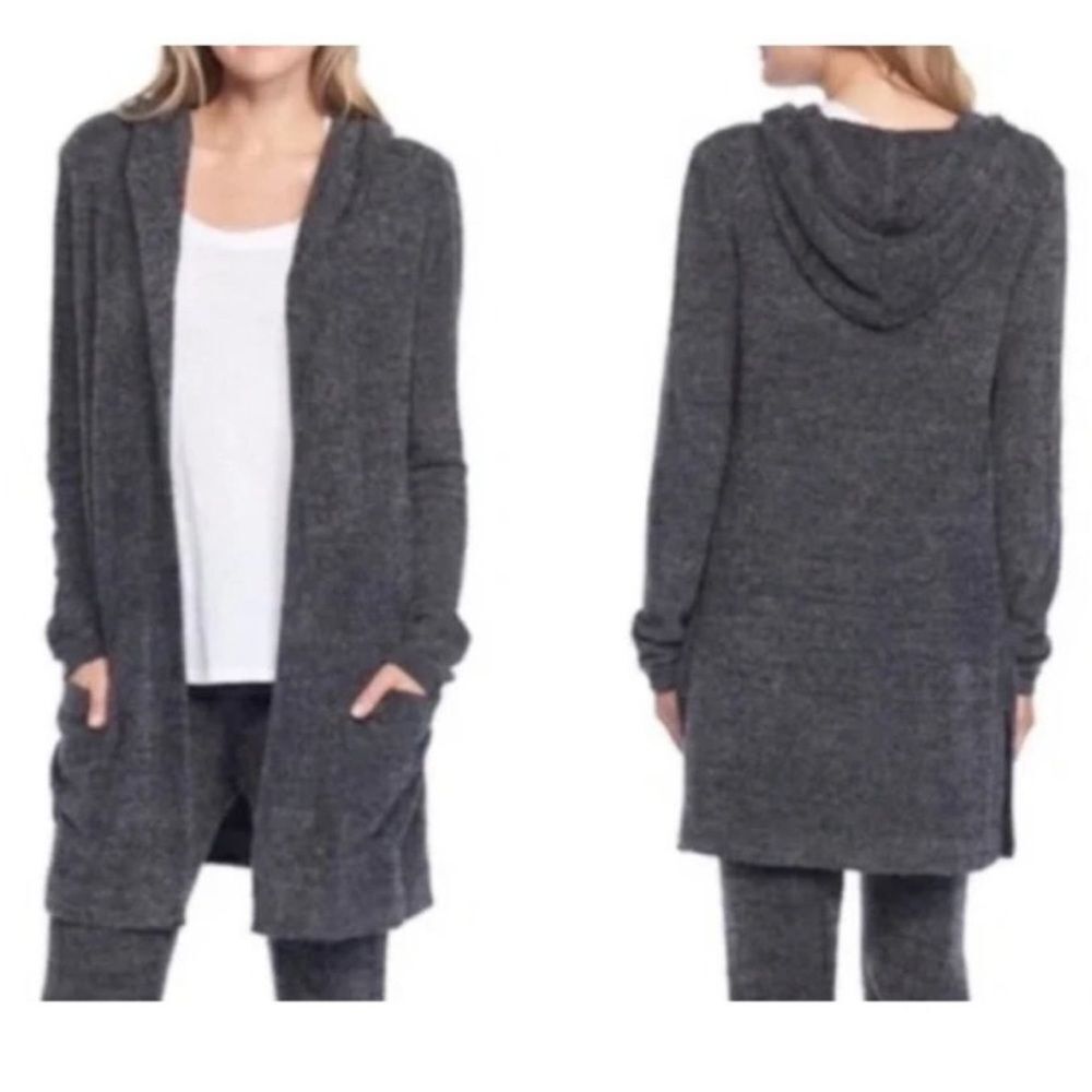 Barefoot Dreams Grey Cozychic ultra Lite Open Front hooded long Cardigan Small